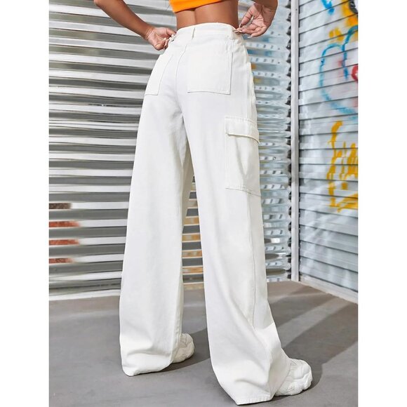 High Waisted Y2K Cargo Jeans - White Wide Leg Loose Fit Pants, Size Small - Picture 4 of 6